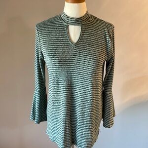 NWT A.BYER women’s mock pic a boo stripped casual knit top long sleeve moss Med